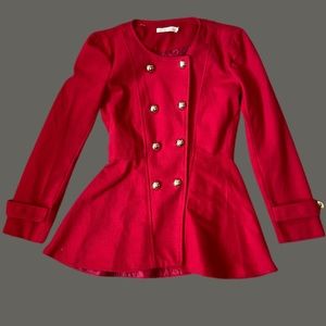 Red pea coat with gold button details